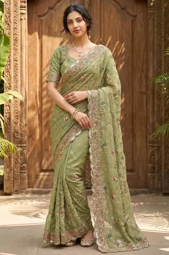 Olive georgette embroidered saree with thread work
