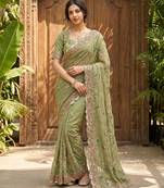 Olive georgette embroidered saree with thread work