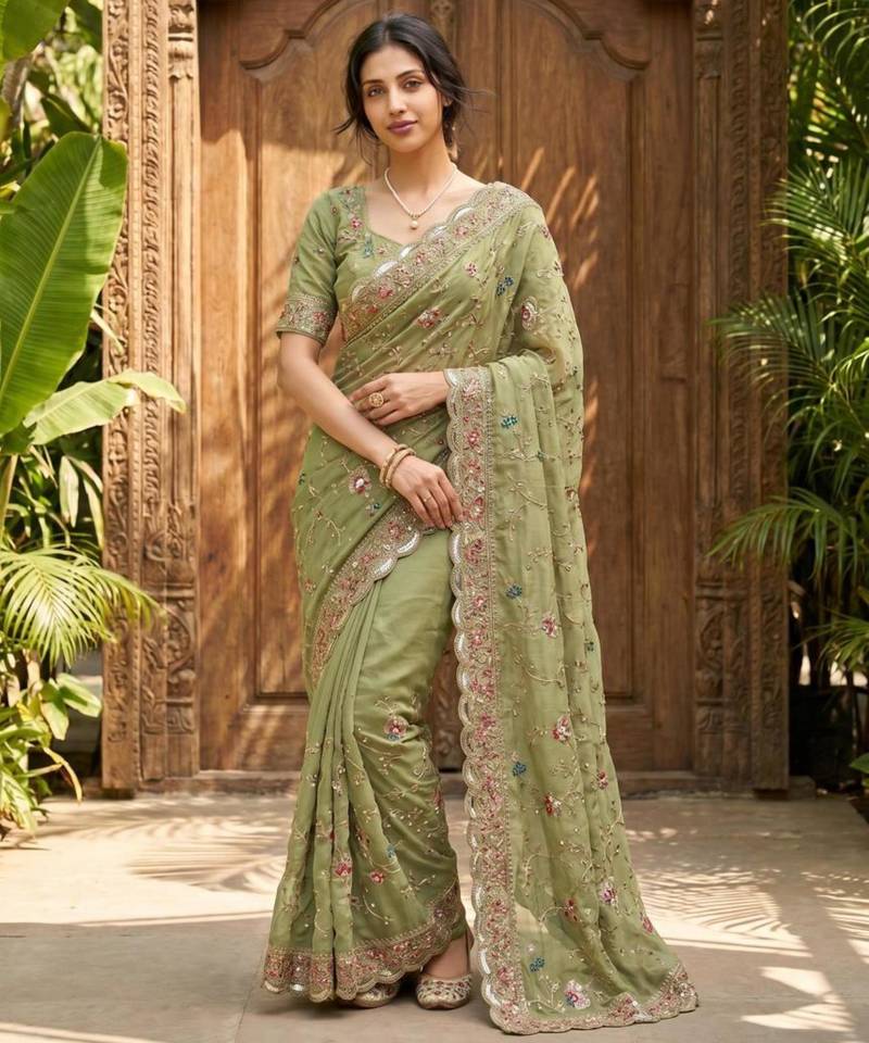 Olive georgette embroidered saree with thread work