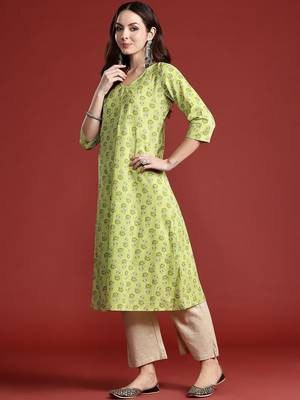 Lime green women floral printed cotton kurta 4