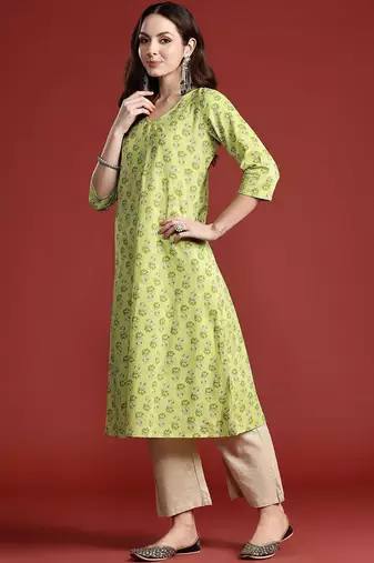 Lime green women floral printed pure cotton kurta