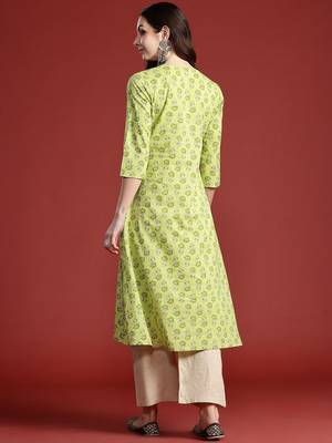 Lime green women floral printed cotton kurta 5