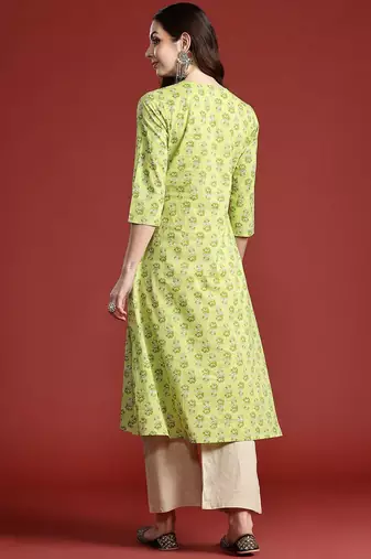 Lime green women floral printed pure cotton kurta