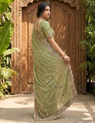 Olive georgette embroidered saree with thread work 2