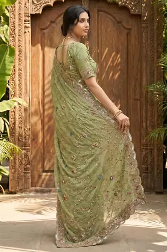Olive georgette embroidered saree with thread work