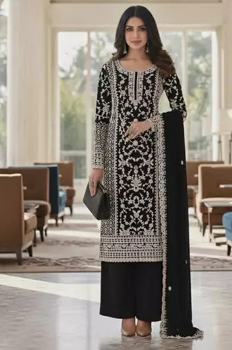 Black color girlie butterfly net ceremonial salwar kameez for glamorous looks