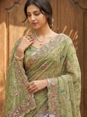 Olive georgette embroidered saree with thread work 3