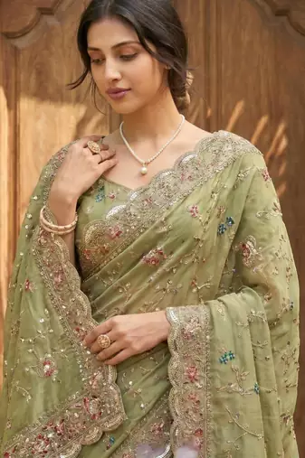 Olive georgette embroidered saree with thread work