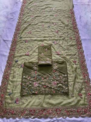 Olive georgette embroidered saree with thread work 4