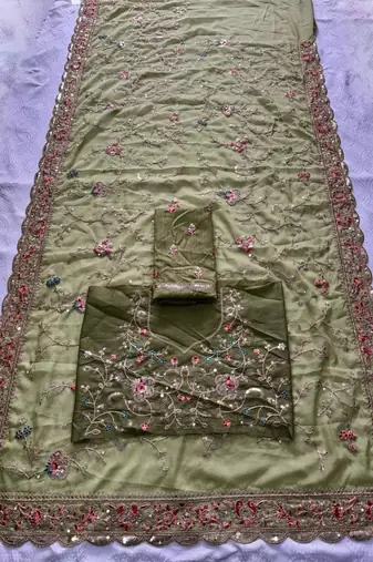 Olive georgette embroidered saree with thread work