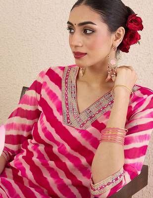 Pink women leheriya printed mirror work kurta 1