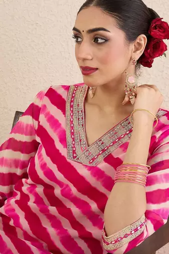 Pink women leheriya printed mirror work kurta