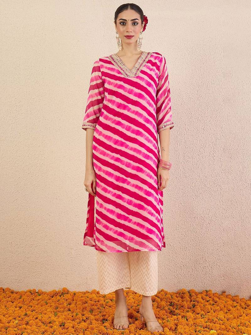 Pink women leheriya printed mirror work kurta