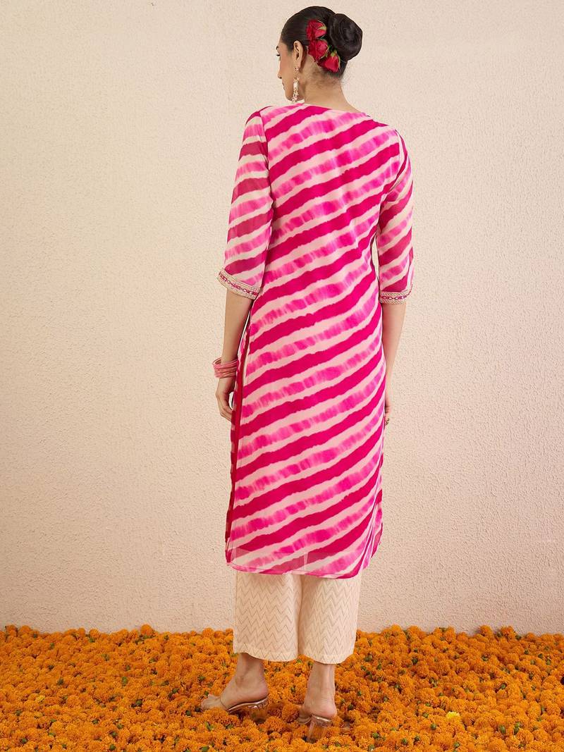 Pink women leheriya printed mirror work kurta