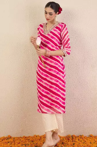 Pink women leheriya printed mirror work kurta