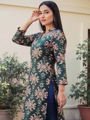 Green women ethnic motifs printed screen print daily cotton straight kurta 1