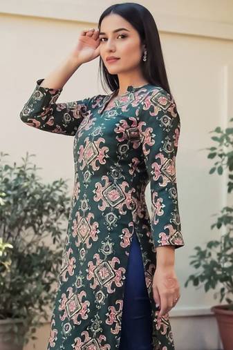 Green women ethnic motifs printed screen print daily cotton straight kurta
