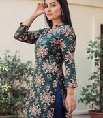 Green women ethnic motifs printed screen print daily cotton straight kurta