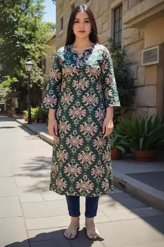 Green women ethnic motifs printed screen print daily cotton straight kurta