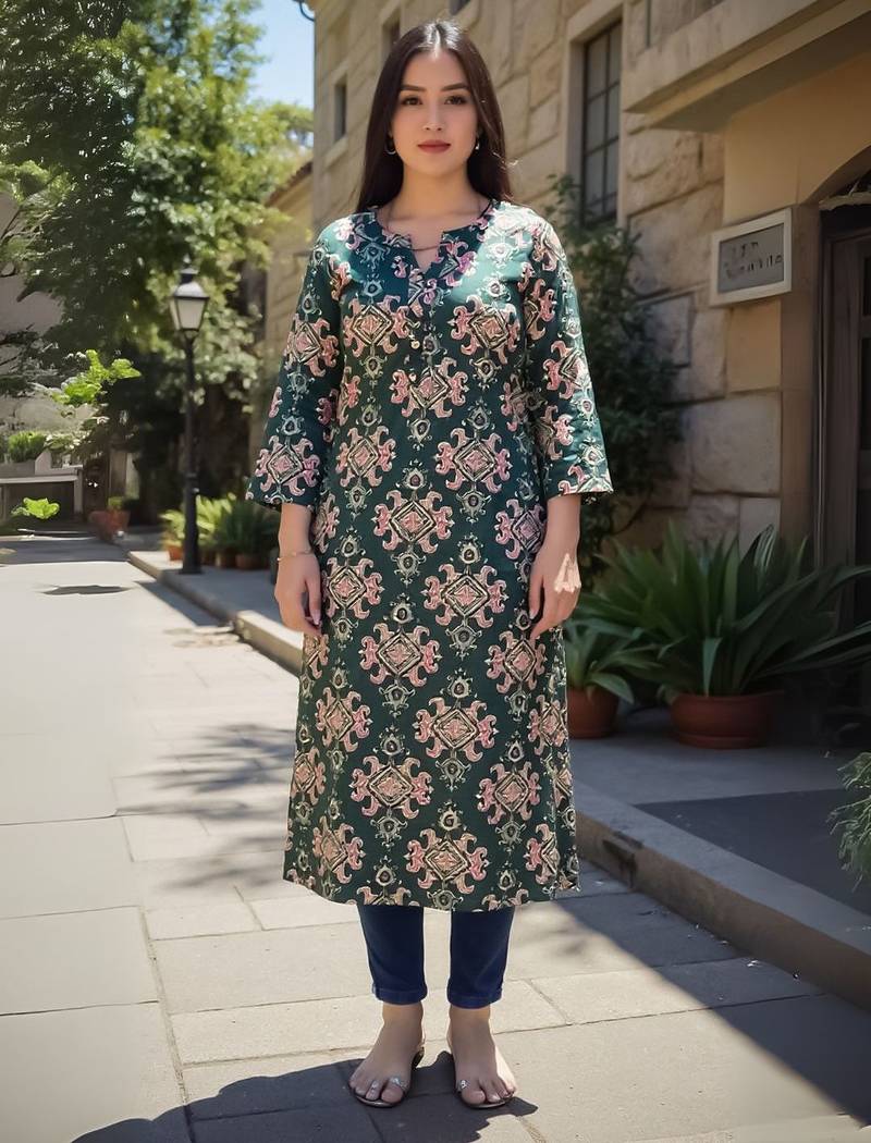 Green women ethnic motifs printed screen print daily cotton straight kurta
