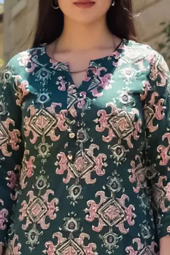 Green women ethnic motifs printed screen print daily cotton straight kurta