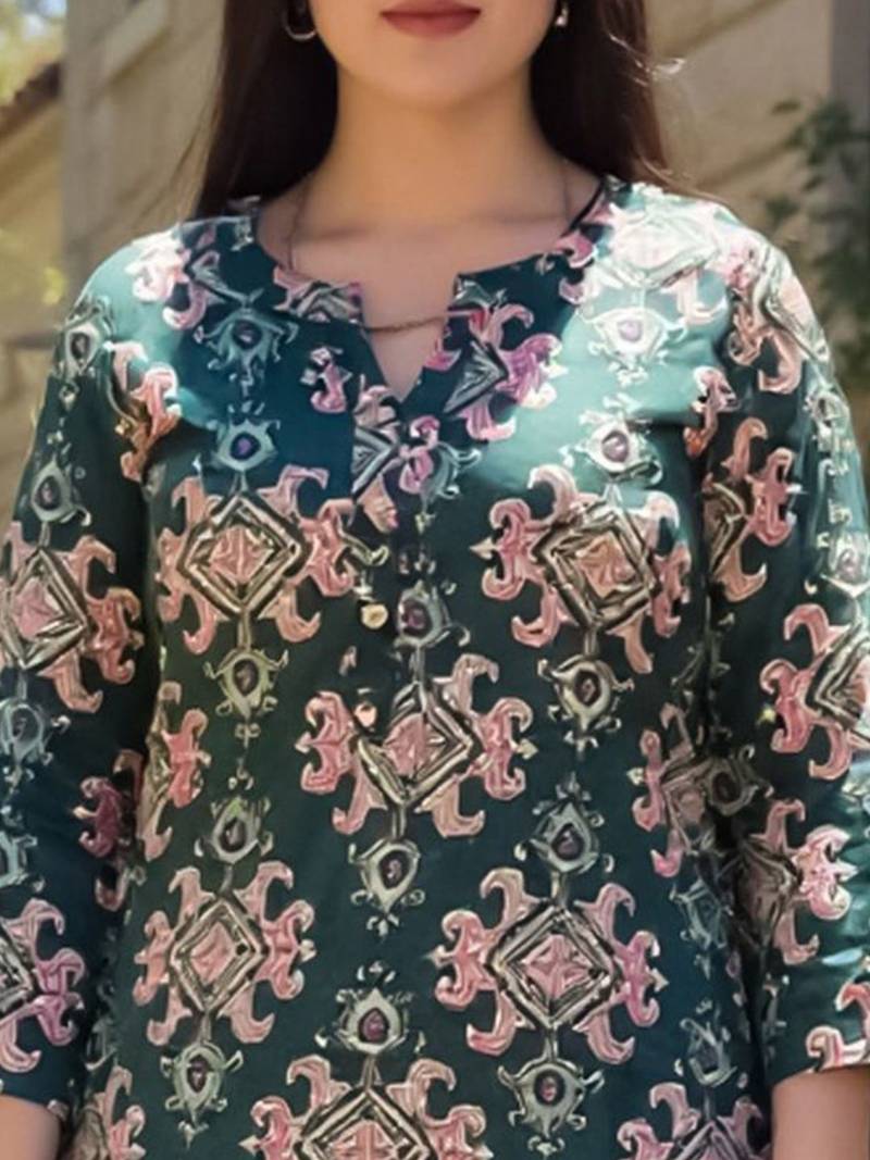 Green women ethnic motifs printed screen print daily cotton straight kurta