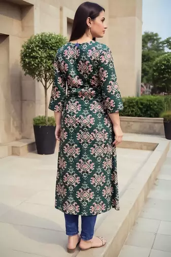 Green women ethnic motifs printed screen print daily cotton straight kurta