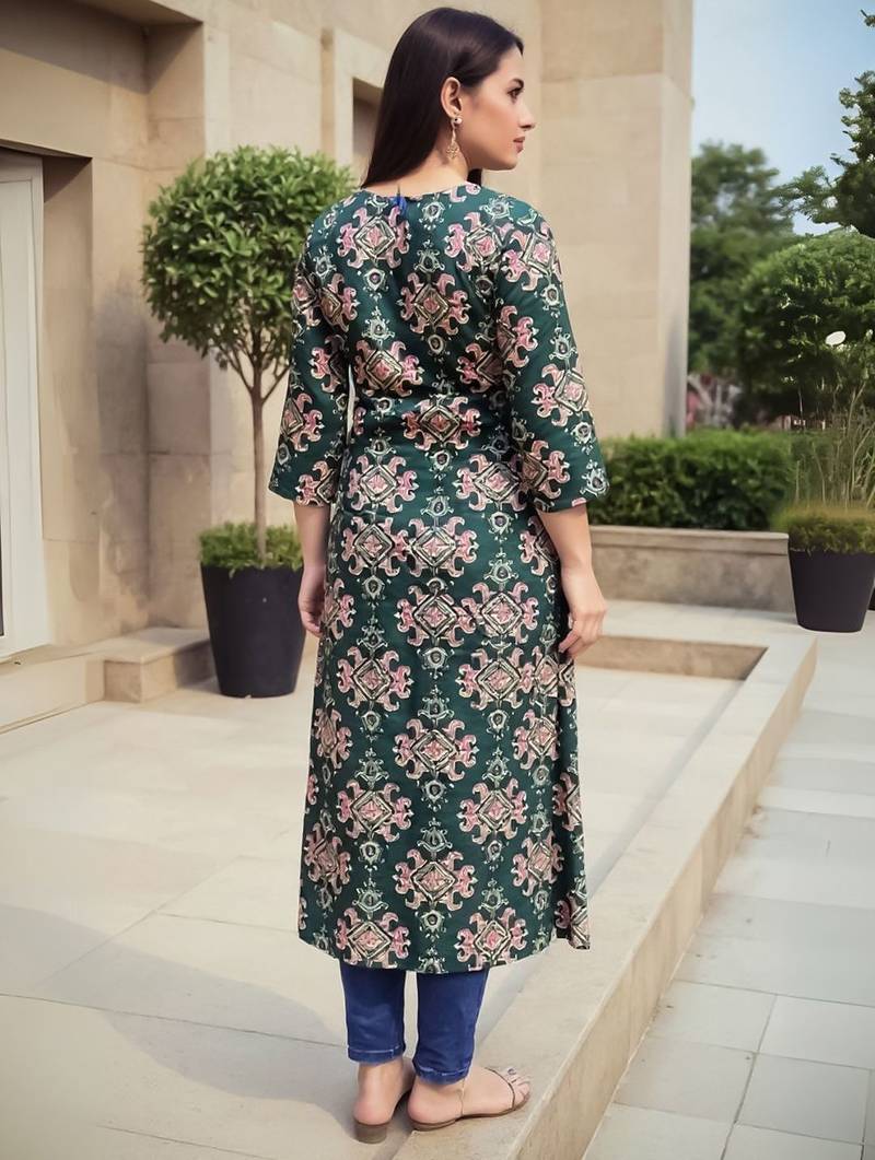 Green women ethnic motifs printed screen print daily cotton straight kurta