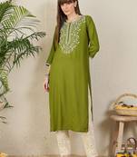 Green floral embroidered thread work round neck straight kurta