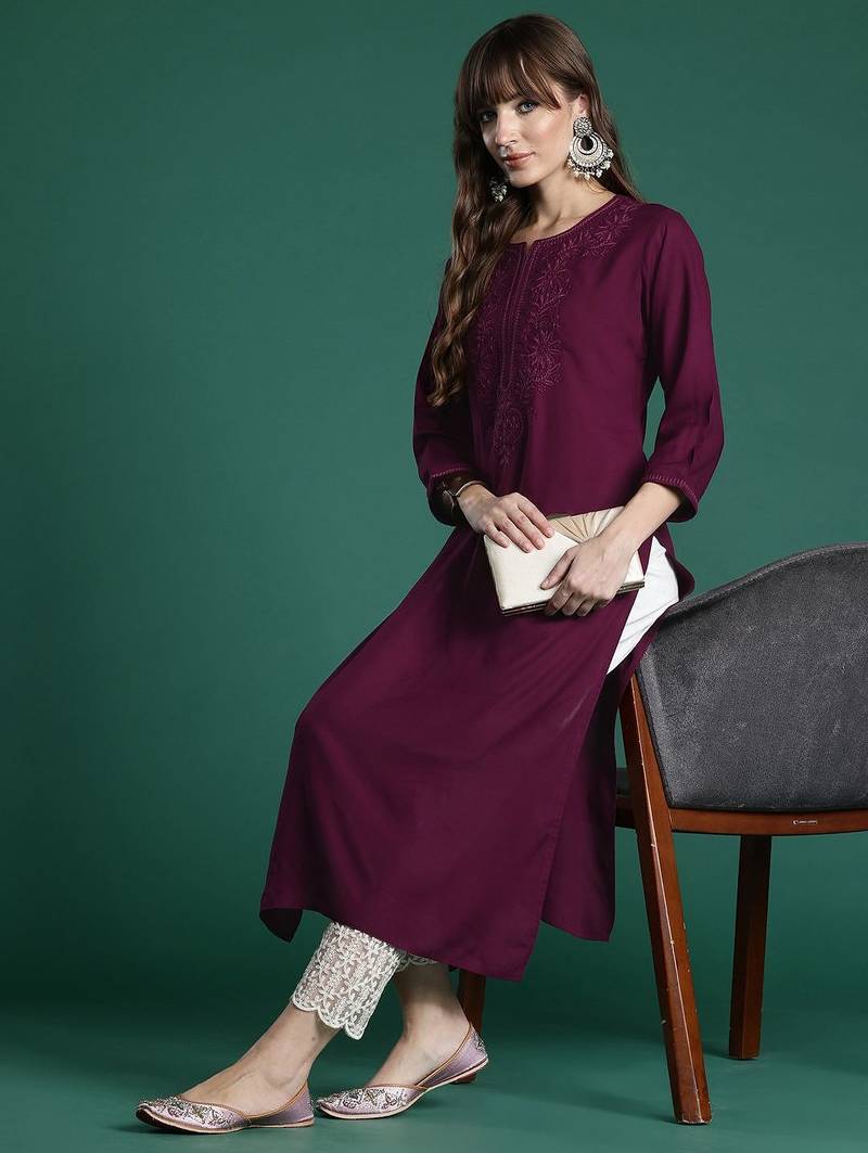Burgundy floral embroidered thread work kurta