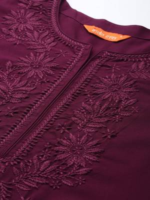 Burgundy floral embroidered thread work kurta 2