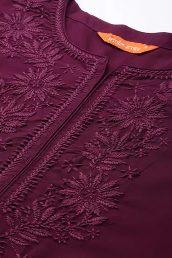 Burgundy floral embroidered thread work kurta