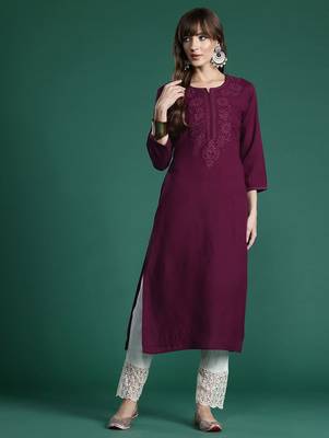 Burgundy floral embroidered thread work kurta 3