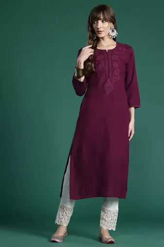 Burgundy floral embroidered thread work kurta