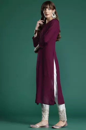 Burgundy floral embroidered thread work kurta