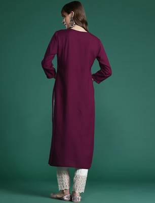 Burgundy floral embroidered thread work kurta 5