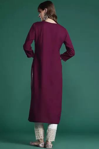 Burgundy floral embroidered thread work kurta