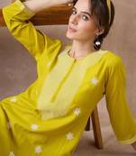 Yellow women ethnic motifs embroidered thread work kurta