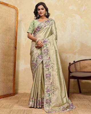 Sage green soft silk blend saree with beads embroidery border 1