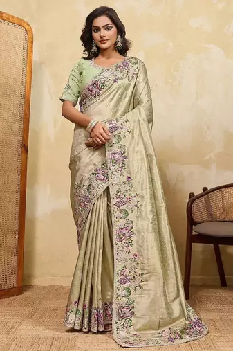 Sage green soft silk blend saree with beads embroidery border