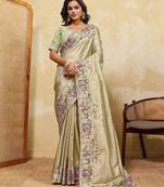 Sage green soft silk blend saree with beads embroidery border