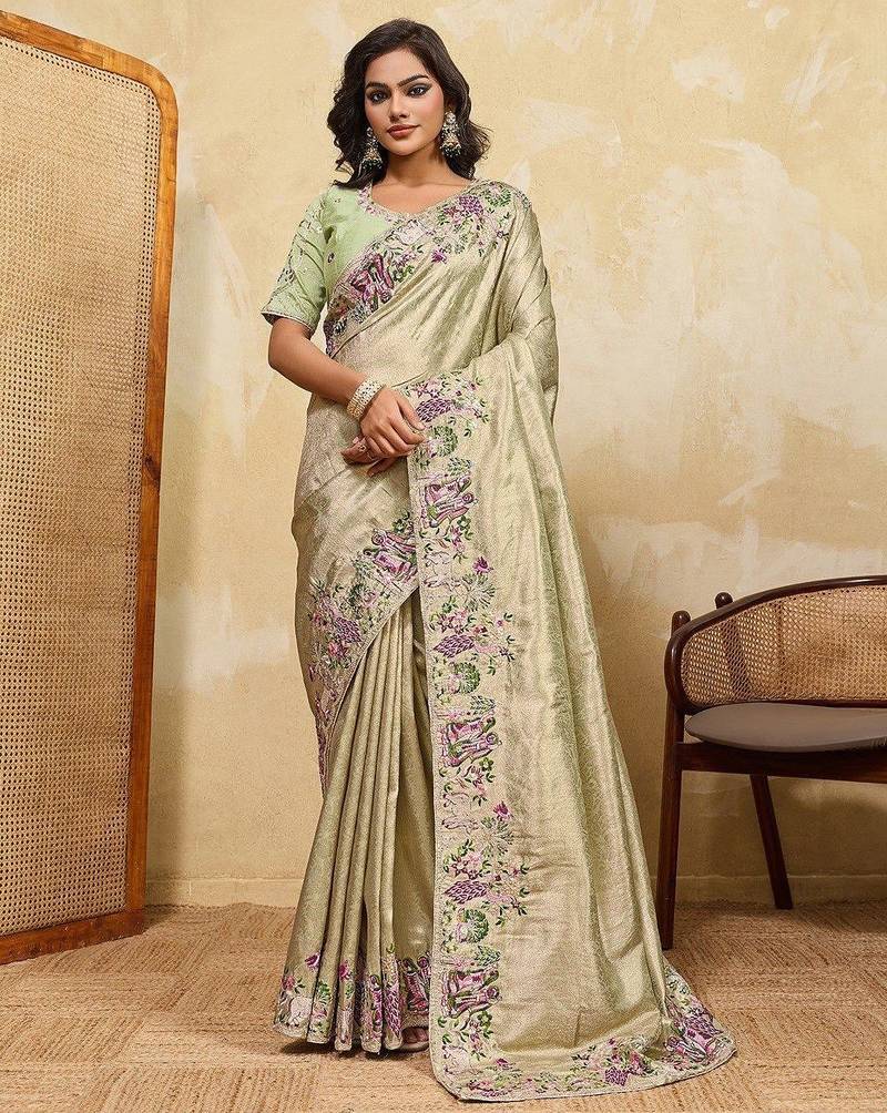 Sage green soft silk blend saree with beads embroidery border