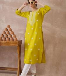 Yellow women ethnic motifs embroidered thread work kurta