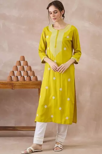 Yellow women ethnic motifs embroidered thread work kurta