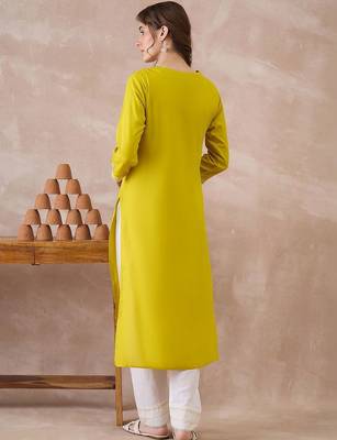 Yellow women ethnic motifs embroidered thread work kurta 5