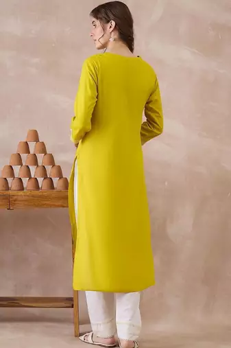 Yellow women ethnic motifs embroidered thread work kurta