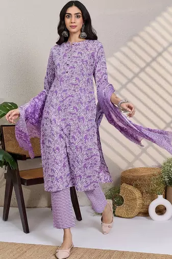 Lavender women floral printed regular pure cotton kurta with trousers & with dupatta