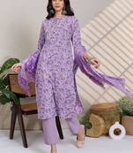 Lavender women floral printed regular pure cotton kurta with trousers & with dupatta