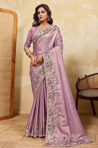 Lavender soft silk blend saree with beads embroidery border
