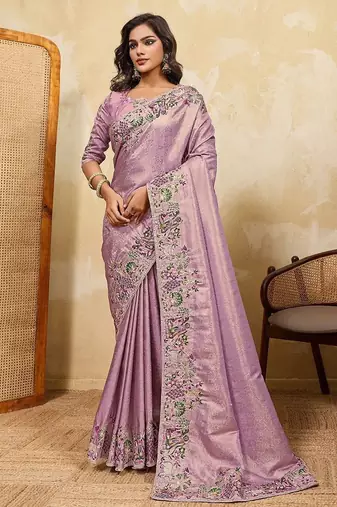 Lavender soft silk blend saree with beads embroidery border